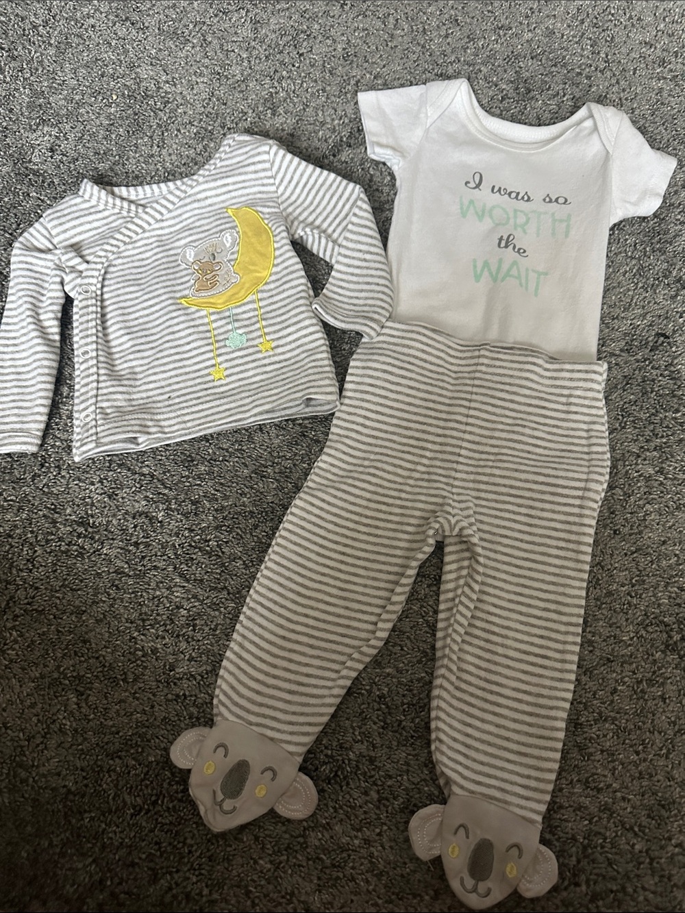 Grey Striped Baby Matching Set with Moon Applique and 'Worth the Wait' Bodysuit